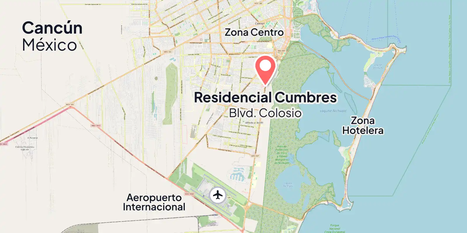 Mapa de Cancún con la ubicación de Residencial Cumbres sobre el Blvd. Colosio, entre la Zona Centro y el Aeropuerto Internacional